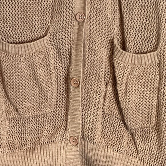 Olivia Sky Open Knit Longline Cardigan Tan Lightweight Button Front Sweater M - Picture 6 of 9